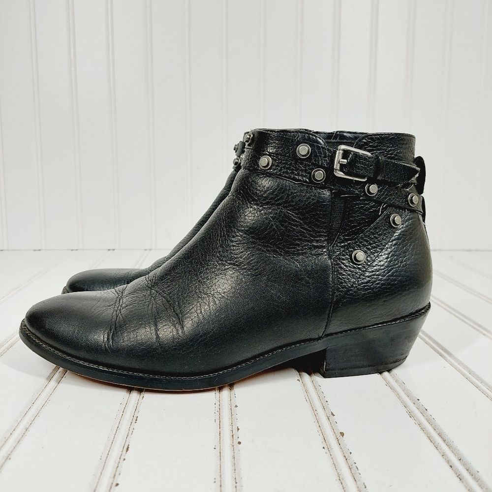 Halogen Black Leather Buckle Studded Strap Slip On Ankle Boots I601